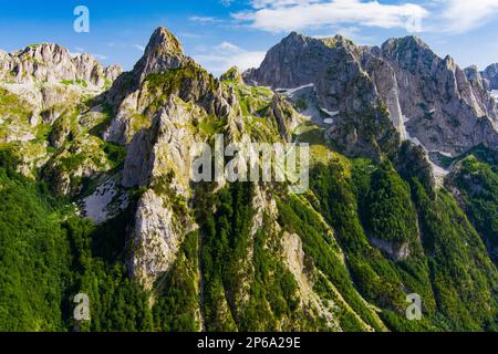 Montenegro. Parco Nazionale di Prokletiye. Estate. Catena montuosa. Cime verdi di montagna Foto Stock