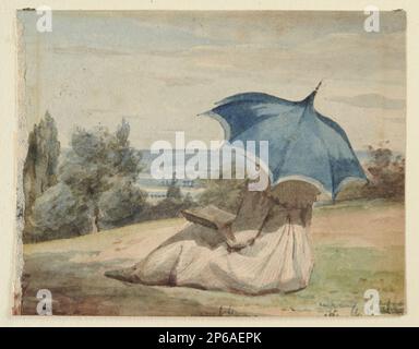 Auguste-Xavier Leprince, Donna con lettura Parasol, 1809–1826, acquerello su carta di Wove. Foto Stock