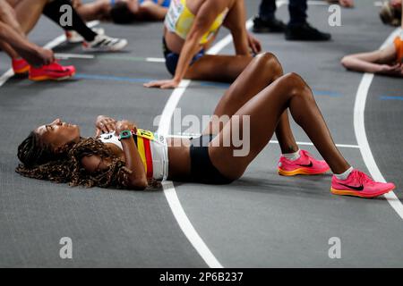 Istanbul, Turchia, 3 marzo 2023. Nafissatou Thiam del Belgio reagisce in 800m gara nel Pentathlon femminile durante i Campionati europei di Atletica 2023 - Day 1 all'Atakoy Arena di Istanbul, Turchia. Marzo 3, 2023. Credito: Nikola Krstic/Alamy Foto Stock