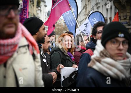 Parigi, Francia. 07th Mar, 2023. Murielle Guilbert, solidarietà, durante lo sciopero del 7 marzo 2023 a Parigi. Foto di Tomas Stevens/ABACAPRESS.COM Credit: Abaca Press/Alamy Live News Foto Stock