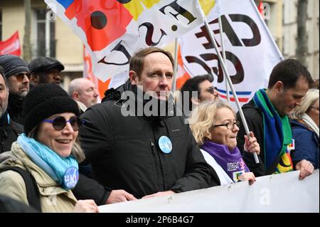 Parigi, Francia. 07th Mar, 2023. Laurent Escure, UNSA durante lo sciopero del 7 marzo 2023 a Parigi. Foto di Tomas Stevens/ABACAPRESS.COM Credit: Abaca Press/Alamy Live News Foto Stock