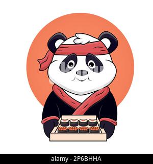 Divertente panda che tiene sushi. Icona illustrazione vettoriale del cartone animato. Stile cartoon piatto adatto per landing page Web, banner, volantino, adesivo, scheda Illustrazione Vettoriale