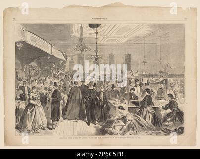 Dopo Winslow Homer, Grande Fiera data alle Camere di Assemblea della Città, New York, dicembre 1861, in aiuto della Città poveri, 28 dicembre 1861, incisione del legno su carta da giornale. Foto Stock