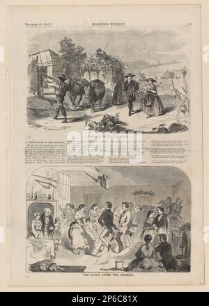 Dopo Winslow Homer, guidando a casa il mais; la danza dopo la buccia, 13 novembre 1858, incisione del legno su carta da giornale. Foto Stock