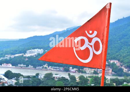 Simbolo OM su bandiera di metallo nel tempio, segno di Dharma sanatan Foto Stock