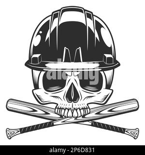 Metà cranio in elmetto costruzione elmetto con mazza da baseball mazza elementi di design modello in vintage monocromatico stile vettore isolato Foto Stock