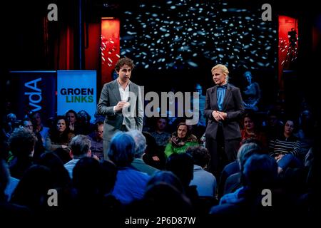 ROTTERDAM - Jesse Klaver e Attje Kuiken durante un incontro di campagna tra GroenLinks e il PvdA per le elezioni del Consiglio Provinciale. ANP ROBIN VAN LONKHUIJSEN olanda fuori - belgio fuori Foto Stock