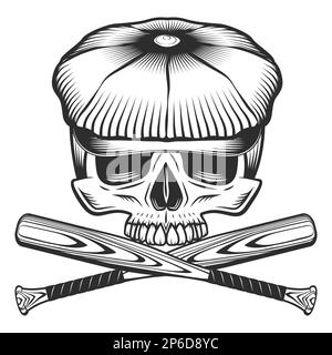Semitraschio in berretto piatto con emblema da baseball mazza elementi di design modello in stile monocromatico vintage isolato vettore illustrazione Foto Stock