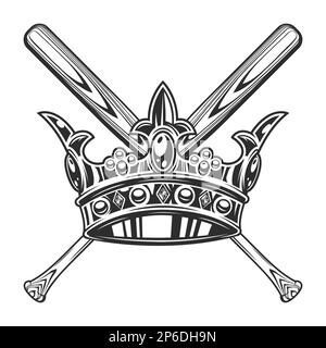 Bat da baseball con emblema del re Crown club modello elementi di design in stile monocromatico vintage isolato vettore illustrazione Illustrazione Vettoriale