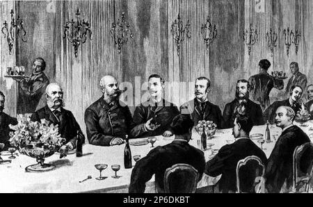 1888, Schonbrunn , Wien , Austria : l'austriaco kronprinz RUDOLF von ABSBURG ( 1850 - suicida a Mayerling 1889 ), a 4th da sinistra in questa foto, con il padre Kaiser Franz Josef ( 1830 - 1916 ) , Imperatore d'Austria e re d'Ungheria con il Kaiser di Germania WILHELM II, il principe ALBERT von Sachsen, Il prinz LEOPOLDO in Bayern e Prinz HOHENLOHE - FRANCESCO GIUSEPPE - GIUSEPPE - ABSBURG - ASBURGO - ASBURGO - NOBILTÀ - NOBILI - Nobiltà - REALI - ASBURGO - HASBURG - ROYALTY - Guglielmo II di Germania - baffi - baffi - principe ereditario - RODOLFO ---- Archivio GB Foto Stock