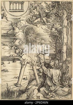 Albrecht Dürer, l'Apocalisse: San Giovanni divorando il libro, 1498, legno tagliato su carta. Foto Stock