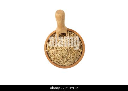 Ginseng siberiano in latino Eleutherococcus senticosus in ciotola di legno e scoop isolato su fondo bianco. Erba medicinale. ha una storia di utilizzo in fo Foto Stock