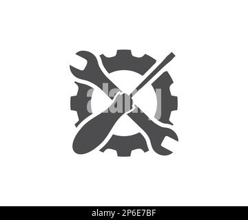 Elemento di design del logo della chiave inglese. Strumento chiave, strumenti. Strumenti e assistenza. Impostazioni e riparazione, progettazione e illustrazione del vettore di servizio. Illustrazione Vettoriale