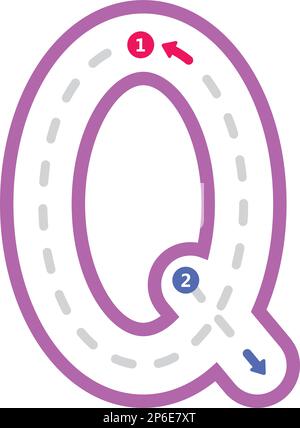 Traccia lettera dell'alfabeto Q lettera maiuscola pre-scrittura elemento linea punteggiata per bambini asilo e prescolare foglio di lavoro per l'attività di pratica di scrittura a mano Illustrazione Vettoriale