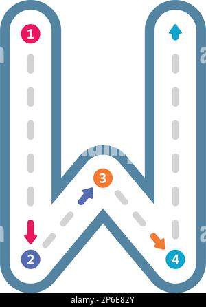 Traccia lettera dell'alfabeto W lettera maiuscola pre-scrittura elemento linea punteggiata per bambini asilo e prescolare foglio di lavoro per l'attività di pratica di scrittura a mano Illustrazione Vettoriale