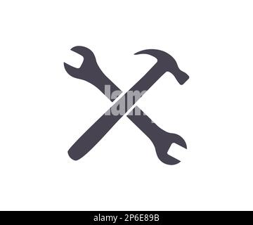 Chiave e martello, attrezzi disegno icona. Costruzione, correzione, riparazione, impostazioni, costruzione, ingegnere, ingegneria, architetto, architettura, strumenti. Illustrazione Vettoriale
