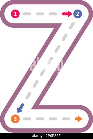 Traccia lettera dell'alfabeto Z lettera maiuscola pre-scrittura linea punteggiata elemento per bambini asilo e prescolare foglio di lavoro per l'attività di pratica di scrittura a mano Illustrazione Vettoriale