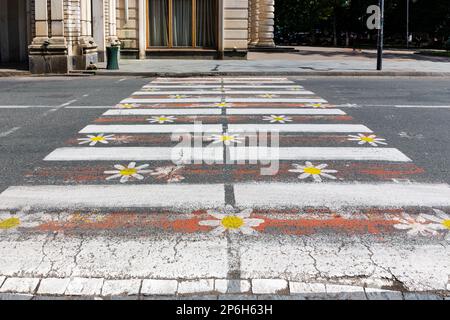 Colorato passaggio pedonale con fiori di margherita dipinta sulla strada nel centro di Kutaisi, Georgia. Foto Stock