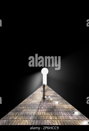 Pittura surreale. Figura dell'uomo che cammina sulla strada di pietra fino alla toppa nello spazio Foto Stock