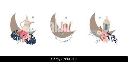 Set di elementi decorativi disegnati a mano, icone per le vacanze Ramadan. Mezzaluna con fiori, foglie di palma. Lanter decorativo, caraffa per caffè e. Illustrazione Vettoriale