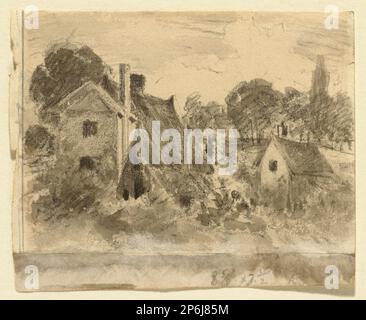 John Constable, Cottages (recto); due Studi di un Pastore (verso), 1816, grafite con pennello e inchiostri grigio e marrone e gesso bianco su carta di colora (recto); penna e inchiostro marrone su grafite su carta di colora (verso). Foto Stock