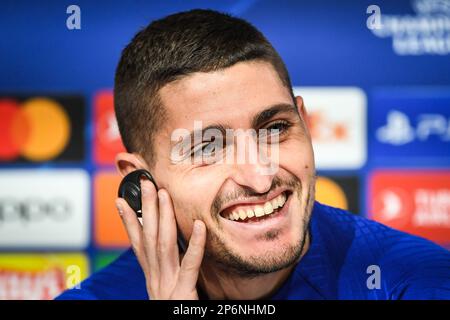 Monaco, Francia, Germania. 7th Mar, 2023. Marco VERRATTI di PSG durante una conferenza stampa di Parigi Saint-Germain allo stadio Allianz Arena il 07 marzo 2023 a Monaco di Baviera, Germania. (Credit Image: © Matthieu Mirville/ZUMA Press Wire) SOLO PER USO EDITORIALE! Non per USO commerciale! Foto Stock