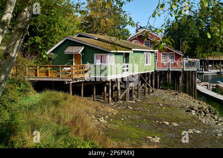 Telegraph Cove Shore edifici storici su Pilings. Il porticciolo di Telegraph Cove e le sistemazioni costruite su pilings che circondano questa posizione storica. Foto Stock