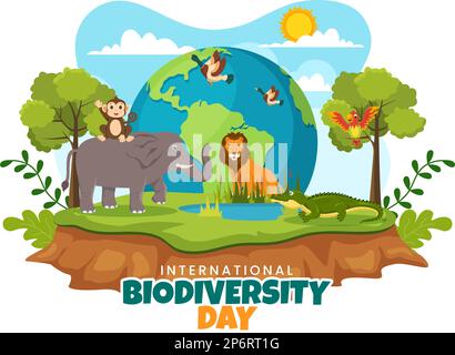 Giornata mondiale della biodiversità il 22 maggio Illustrazione con diversità biologica, Terra e animale in cartoon piano disegnata a mano per modelli di landing page Illustrazione Vettoriale