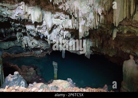 Cupo scatto della grotta calcarea Rangko a Labuan Bajo su Flores con stalattiti dal soffitto e un lago grotta. Foto Stock