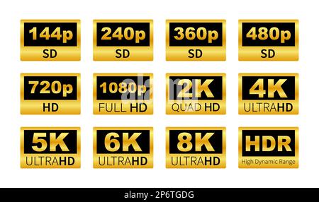 Etichette di risoluzione video. 360 720p 1080p 2k 4K 6k 8k HDR. Illustrazione Vettoriale