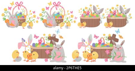 Illustrazioni vettoriali di cartoni animati per le vacanze di Pasqua, con un simpatico coniglietto di cartoni animati, cesto d'uovo, pulcini, fiori e altri elementi pasquali. Illustrazione Vettoriale