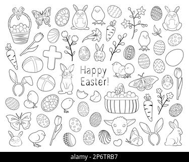 Set di illustrazioni vettoriali a tema per la festa di Pasqua. Contorni in bianco e nero per la colorazione. Stile cartone animato, elementi isolati disegnati a mano Illustrazione Vettoriale