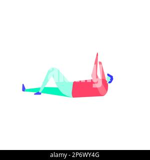 Uomo disegno che posa in giù su superficie usando il telefono. Guy Scrolling schermo sul divano con le mani in su. Poggiando con un dispositivo portatile. Illustrazione Vettoriale