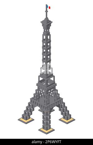 Torre Eiffel assemblata da blocchi di plastica in stile isometrico per la stampa e il design. Illustrazione vettoriale. Illustrazione Vettoriale