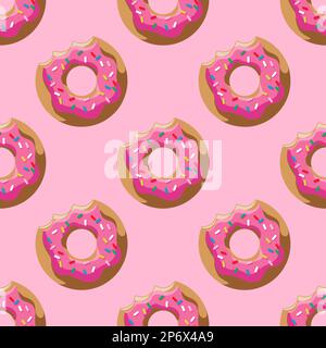 Un motivo di ciambelle morso su uno sfondo rosa in stile cartoon per la stampa e il design. Illustrazione vettoriale. Illustrazione Vettoriale