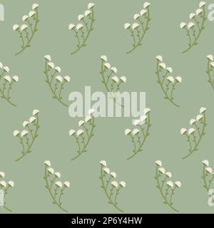 Fiori selvatici senza cuciture motivo. Piccoli rametti con boccioli bianchi su sfondo verde. Stampa in allover a molla. Illustrazione raster per tessuto, imballaggio Foto Stock