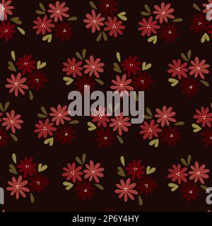 Piccoli fiori tonalità scure motivo senza cuciture. Fiori rossi e verdi disegnati a mano su sfondo nero. Stampa di moda raster allover Foto Stock