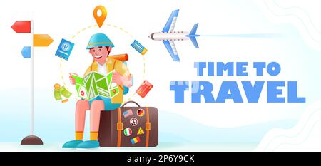 Time to Travel, 3D illustrazione di un uomo seduto sulla valigia che guarda la destinazione del volo Illustrazione Vettoriale