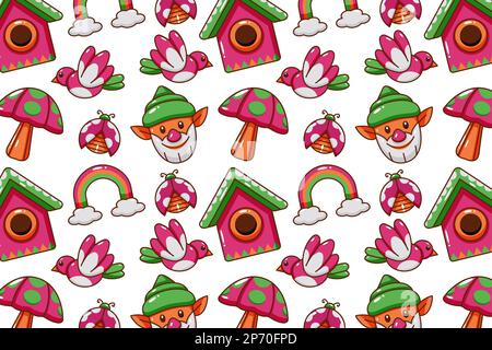 Schema delle icone a molla. Fiori, insetti, gnomi e uccelli Illustrazione Vettoriale