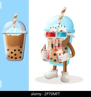 Cute Bubble Tea mascotte guardare film con soda e pop corn. Perfetto per negozi di alimentari, piccole aziende o e-commerce, articoli di merchandising e adesivi, ba Illustrazione Vettoriale