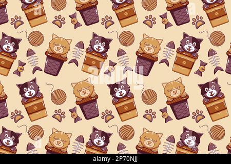 Carino gatto in un bicchiere. Ossa, pesce, torta, salsiccia, mouse giocattolo e campanello modello icona Illustrazione Vettoriale