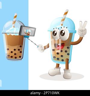 Cute Bubble Tea mascotte prende un selfie con smartphone. Perfetto per negozi di alimentari, piccole aziende o e-commerce, merchandising e adesivi, promozione banner Illustrazione Vettoriale