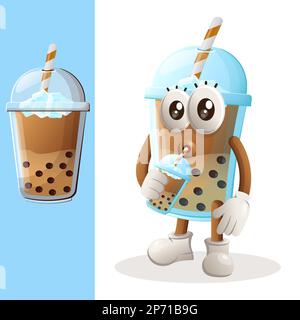 Cute Bubble Tea mascotte bere tè bolla. Perfetto per negozi di alimentari, piccole aziende o e-commerce, merchandising e adesivi, promozione banner, food revi Illustrazione Vettoriale