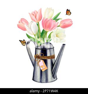 Acquerello illustrazione di ricco bouquet di tulipani rosa e bianco in una lattina da annaffiatura. Ci sono due farfalle sulla lattina e vicino ad essa. Foto Stock