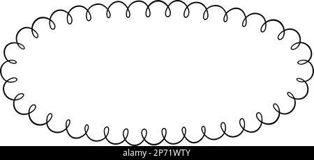 Doodle cerchio ovale smerlato cornice. Forma ellittica del bordo scalato disegnata a mano. Semplice forma di etichetta rotonda. Cornice in pizzo con silhouette floreale. Vettore Illustrazione Vettoriale