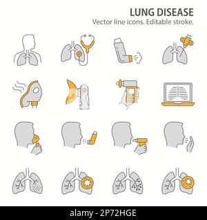 icone delle malattie polmonari, come polmonite, nebulizzatore, broncoscopia, bronchite e altro ancora. Illustrazione vettoriale isolata su bianco. Tratto modificabile. Illustrazione Vettoriale