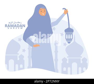 Biglietto d'auguri Ramadan, ragazza musulmana che tiene lanterna con luna crescente, stelle e moschea come sfondo, disegno vettoriale piatto moderno Illustrazione Vettoriale