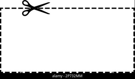 Tagliano il coupon con le forbici sulla linea tratteggiata con l'icona a forma di trattino. Illustrazione Vettoriale