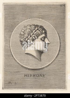 Hiero II, tiranno greco di Siracusa, Sicilia, dal 275 al 215 a.C. Ex generale di Pirro d'Epiro e figura importante della prima guerra punica. Capo di un giovane in corona di alloro. Hierone. Incisione su copperplate di Etienne Picart dopo Giovanni Angelo Canini da Iconografia, cioe malati d'imagini de famosissimi monarchi, regi, filososi, poeti ed oratori dell'Antichita, disegni di immagini di famosi monarchi, re, filosofi, poeti ed oratori dell'Antichità, Ignatio de’Lazari, Roma, 1699. Foto Stock