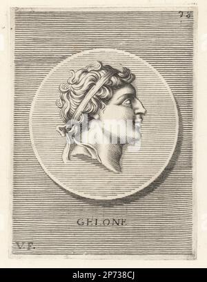 Gelon, noto anche come Gelo, tiranno greco delle città siciliane Gela e Siracusa, morì nel 478 a.C. Il primo dei regnanti Deinomenidi, figlio di Deinomenes e fratello di Hiero I. Capo di un uomo che indossa un diadema reale. Gelone. Incisione su copperplate di Guillaume Vallet dopo Giovanni Angelo Canini da Iconografia, cioe malati d'imagini de famosissimi monarchi, regi, filososi, poeti ed oratori dell'Antichita, disegni di immagini di famosi monarchi, re, filosofi, poeti ed oratori dell'Antiquità, Ignatio de'Lazari, Roma, 1699. Foto Stock